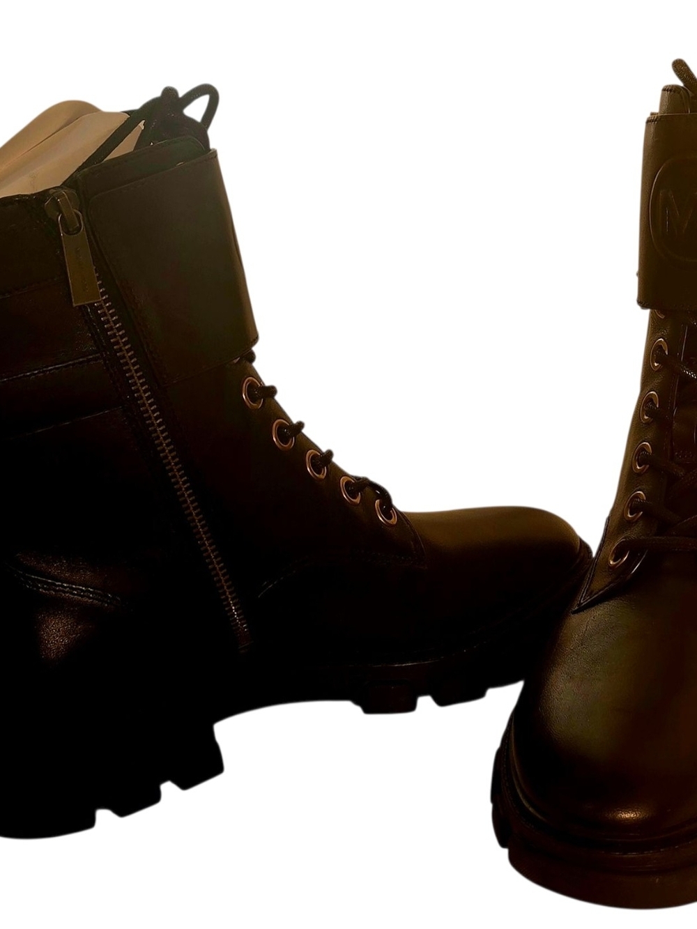 Michael Kors Black Leather Combat Boots Gold Hardware Lug Sole Moto Size 8 - Picture 8 of 8